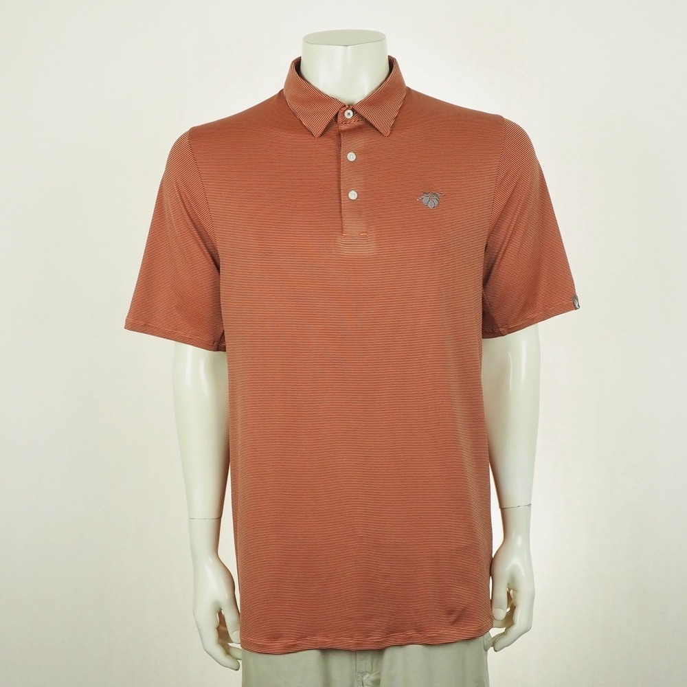 New KJUS Soren Golf Polo Shirt Mens XL Orange Striped Cherry Hills Country Club